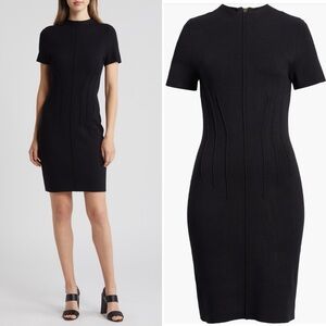 Eliza J Pintuck Short Sleeve Knit Fitted Sheath Dress Black Sz L NWT